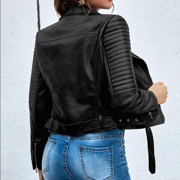 🖤 MOTO BLACK FAUX LEATHER BELTED BIKER JACKET! - Picture 2 of 6